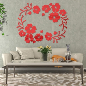 Hibiscus red acrylic mirror wall stickers flower decals for modern living room decor