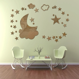 Detalle de pegatinas de pared 3D de espejo acrílico con luna y nubes en color bronce