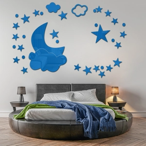 Pegatinas de pared de espejo acrílico azul con luna y estrellas de dormitorio
