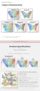 Detailed chart showing five hollow butterfly styles in iridescent silver with 3D sizes