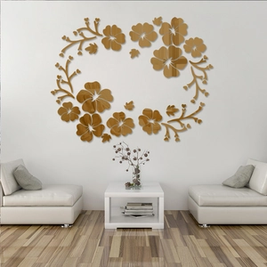 Macro detail of hibiscus flower acrylic mirror wall stickers on a modern living room wall