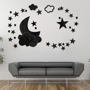 Pegatinas de pared de espejo 3D de acrílico negro con luna estrellas y nubes decorativas