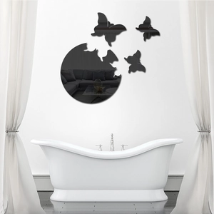 Detailed view of 3D black butterfly acrylic mirror wall stickers in a bathroom