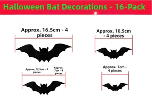 Detailed size chart for 16pcs 3D Halloween bat wall stickers ranging from 7cm to 16.5cm