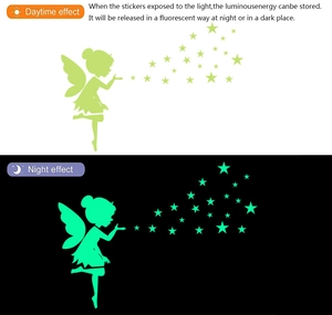 Stickers muraux fée et étoiles montrant les détails de l'effet lumineux jour et nuit