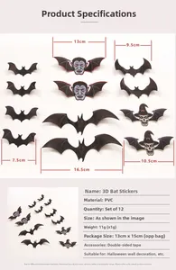 Specifiche dettagliate di 12 pipistrelli 3D per decorazioni murali e finestre di Halloween
