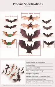 Detailed view of 12-piece set of 3D PVC bat wall stickers with sizes and Halloween patterns