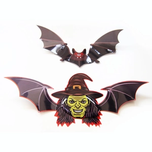 Detail of high-gloss 3D bat and green witch PVC stickers for Halloween wall decoration