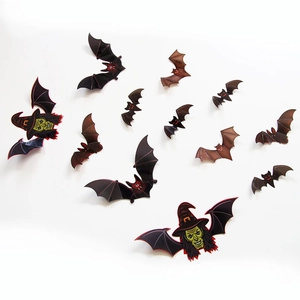 Set of 3D Halloween wall stickers featuring black bats and winged witches for home decor