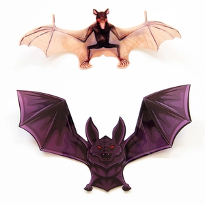Detail showing 3D realistic brown and purple cartoon PVC bat wall stickers for Halloween