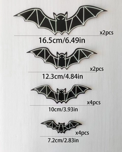 Size guide for 12pcs 3D luminous Halloween bat wall stickers with various dimensions