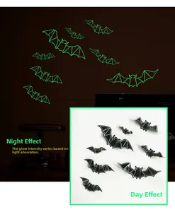 3D Halloween bats wall stickers showing comparison between day black and night green glow