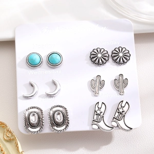 6er-Set Ohrstecker im Western-Cowboy-Stil mit Türkis und Kaktus-Motiven für Damen