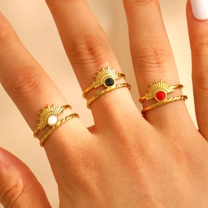 Bohemian gold stainless steel sunburst ring set with colorful round inlays for women