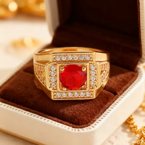Makroaufnahme eines Herren-Goldrings mit großem quadratischen roten Edelstein in Box