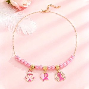 Collier ruban rose contre le cancer du sein avec perles et breloques cœur ancre