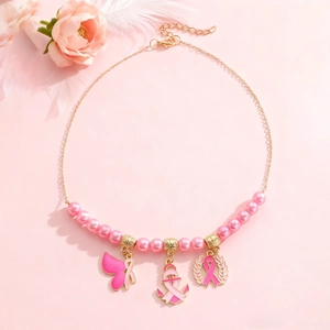 Collier en perles roses avec pendentifs ruban rose pour la sensibilisation au cancer du sein