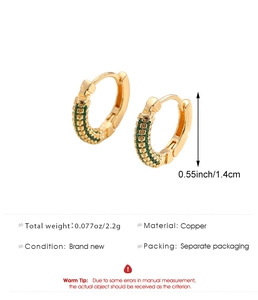 Detail view of 1.4cm luxury copper hoop earrings with green zircon and 2.2g lightweight design