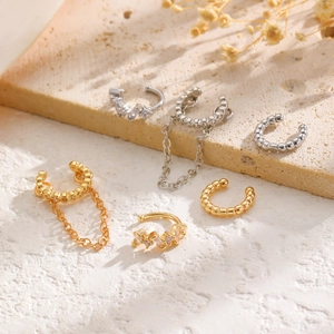 Set de 6 pendientes ear cuff minimalistas en oro y plata con circonitas y diseño cadena