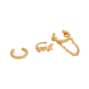 Set de 3 earcuffs dorados con circonitas y diseño de cadena para orejas sin agujeros