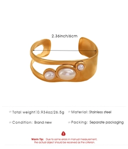 Detail view of 18k gold plated stainless steel cuff bracelet with three pearls and dimensions