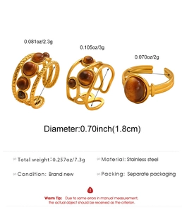 Three-piece 18k gold plated stainless steel rings featuring tiger eye stones and 1.8cm diameter