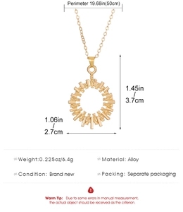 Detail showing dimensions and material of the golden gear pendant necklace in alloy