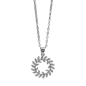 Close-up of silver olive leaf wreath necklace with zircon stones on white background