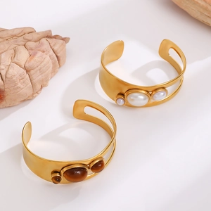 18k gold plated stainless steel cuff bangle with tiger eye and pearl inlay accents