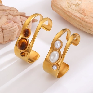18k gold plated stainless steel open bangles with tiger eye and white stones