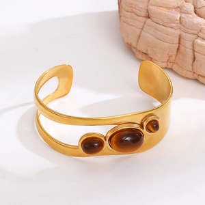 18k gold plated stainless steel cuff bracelet with three oval tiger eye stones