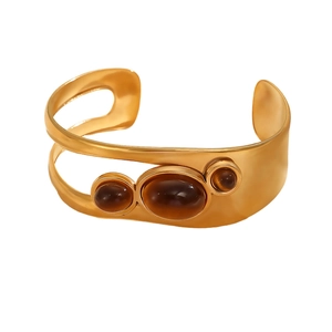 18k gold plated stainless steel cuff bracelet with oval tiger eye stones in vintage style