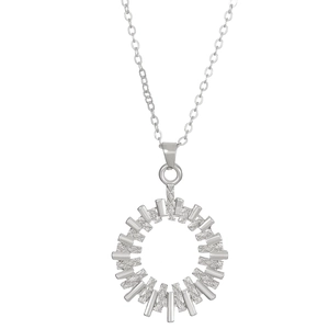Detail of silver zirconia necklace with circular sunburst pendant and fine chain links