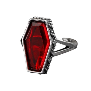 Close-up of gothic silver ring featuring a coffin-shaped red gemstone and rose detailing