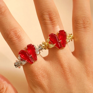 Gothic Vintage Copper Zircon Coffin Heart Adjustable Open Ring Red Stone Rose Flower Leaf Design Finger Jewelry For Women Gift