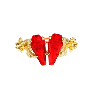 Gothic open ring with dual red coffin-shaped stones and gold floral accents