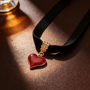 Detail of red glitter heart pendant on black velvet choker with gold metal feather clasp