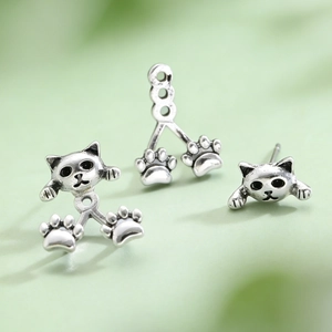 Pendientes de gato vintage en plata con diseño de pata para mujer estilo retro