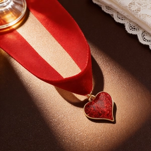 Macro shot of red heart pendant with gold edges on wide velvet choker ribbon