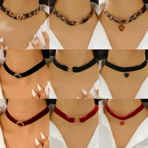 Leopard Velvet Heart Choker Necklace For Women Alloy Gold Circle Round Pendant Punk Gothic Neckband Jewelry Accessory