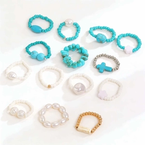 13-teiliges Boho-Ring-Set mit türkisfarbenen Perlen, Kunstperlen und Kreuzen