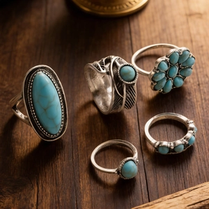 Detailansicht eines 5-teiligen Vintage-Boho-Ring-Sets mit Türkis-Steinen auf dunklem Holz