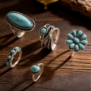 Vintage Boho Ring-Set 5-teilig mit Türkis und Perlen auf dunklem Holzhintergrund