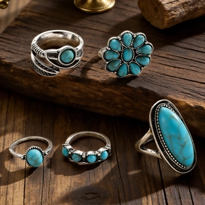 Makro-Detail von 5-teiligem Boho-Ring-Set mit Türkissteinen und Vintage-Silberschnitzereien