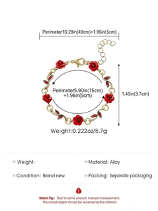 Detail view of vintage red rose bracelet with dimensions, lobster clasp and metal chain