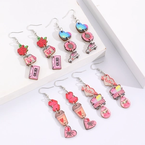 Parure de boucles d'oreilles pendantes Saint-Valentin avec cœurs roses en bois