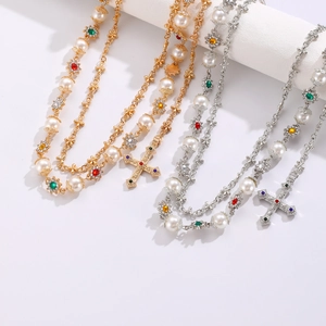 Catena da vita multistrato retrò con croce, perle e fiori di cristallo colorati