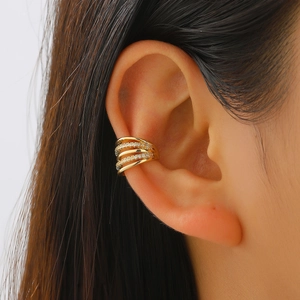 Golden quadruple layer ear cuff with white zircon stones for non-pierced ears