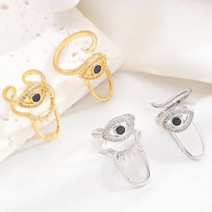 Adjustable evil eye nail ring with gold plating and sparkling cubic zirconia stones