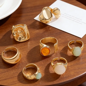 7-teiliges Set goldene Vintage-Ringe mit Mondstein auf warmem Holzhintergrund